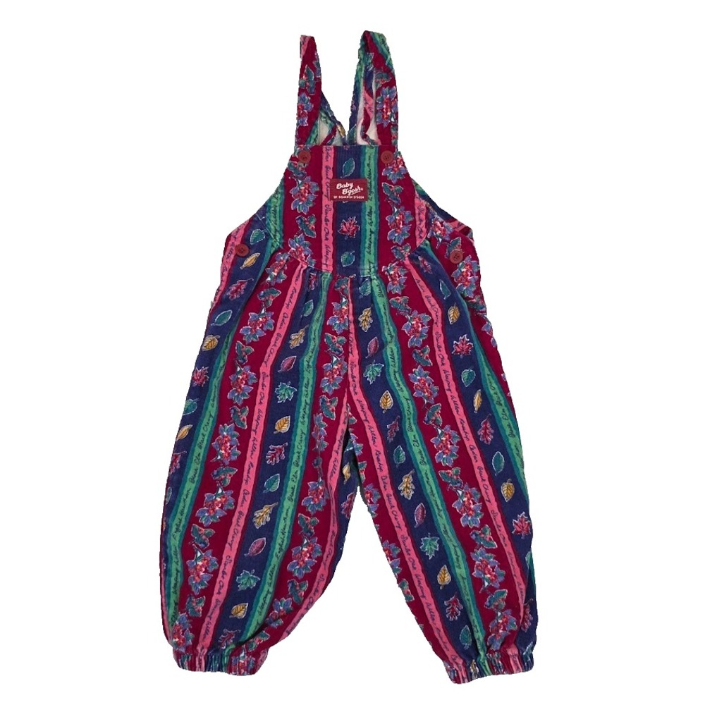 VTG OshKosh Baby B'Gosh 24M Vestbak Curduroy Overalls Floral Stripe‎ 90's Rare